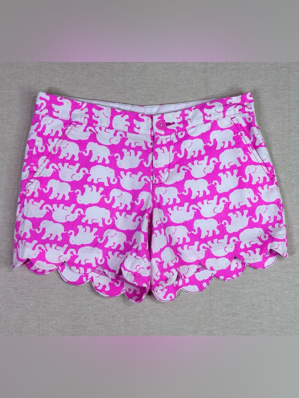 Lilly Pulitzer Bright Pink and White Elephant Scallop-Hem High-Waist Shorts